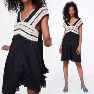 ZARA Crochet Pleated Smocked Babydoll Dress in Black Pink
